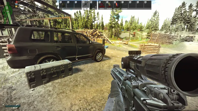 伐採場黒いバンの車体の縁(ヴォイオレットカードキー)引きで見る