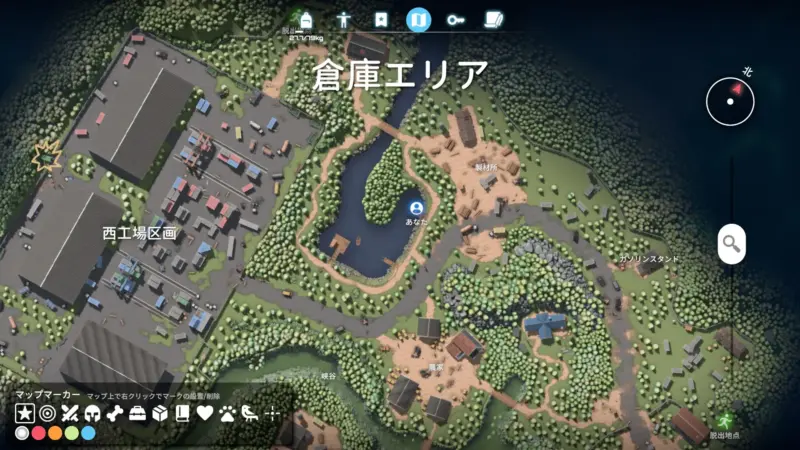 倉庫エリアのタンクローリー近くの湖の桟橋(MAP)