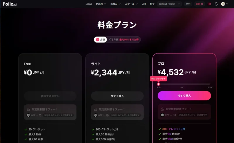 Pollo AIの料金プラン