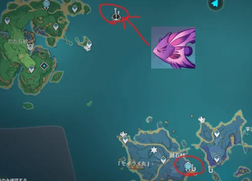 【原神】「漁獲」　雷鳴仙　金赤リュウノコ　錆色リュウノコ　場所　位置　釣りスポット